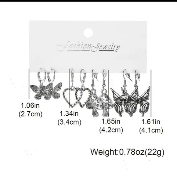 SILVER butterfly heart mushroom skull earring bundle - Picture 4 of 4
